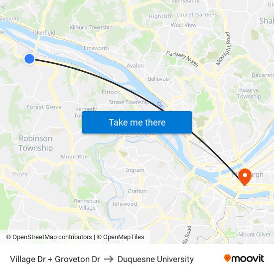 Village Dr + Groveton Dr to Duquesne University map