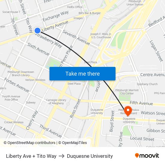 Liberty Ave + Tito Way to Duquesne University map