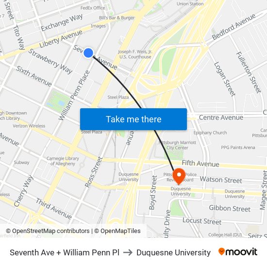 Seventh Ave + William Penn Pl to Duquesne University map