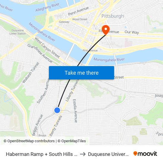 Haberman Ramp + South Hills Jct to Duquesne University map