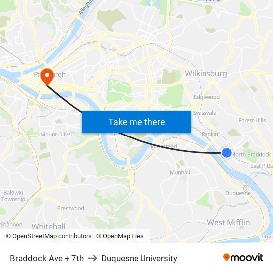 Braddock Ave + 7th to Duquesne University map