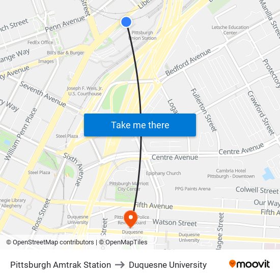 Pittsburgh Amtrak Station to Duquesne University map