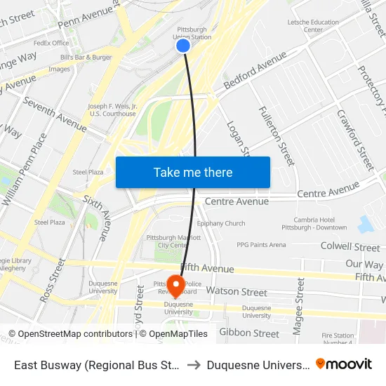East Busway (Regional Bus Stop) to Duquesne University map