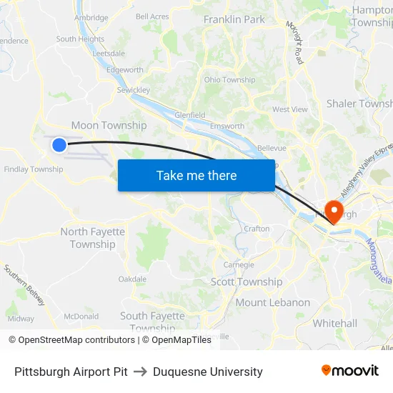 Pittsburgh Airport Pit to Duquesne University map
