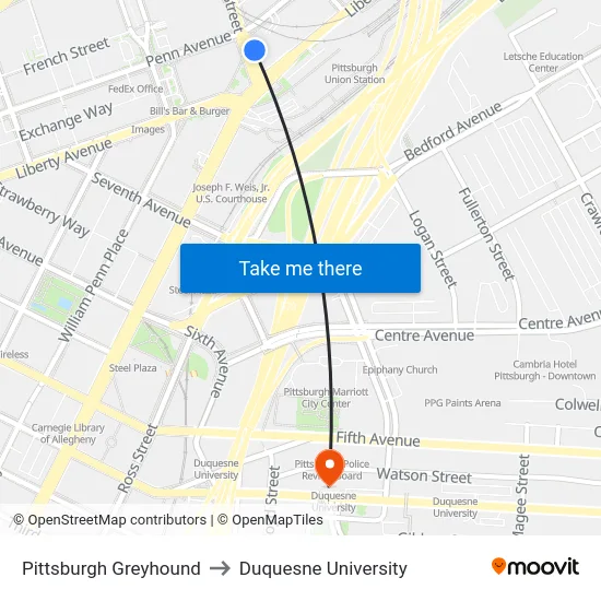 Pittsburgh Greyhound to Duquesne University map