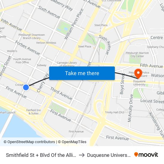 Smithfield St + Blvd Of the Allies to Duquesne University map