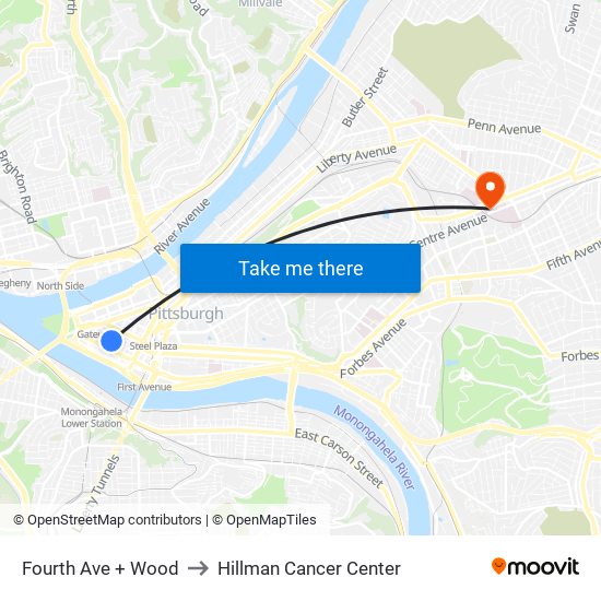 Fourth Ave + Wood to Hillman Cancer Center map