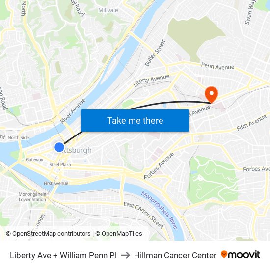 Liberty Ave + William Penn Pl to Hillman Cancer Center map