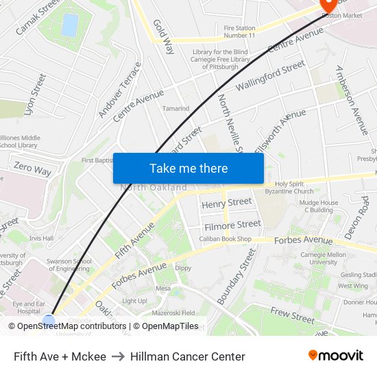 Fifth Ave + Mckee to Hillman Cancer Center map