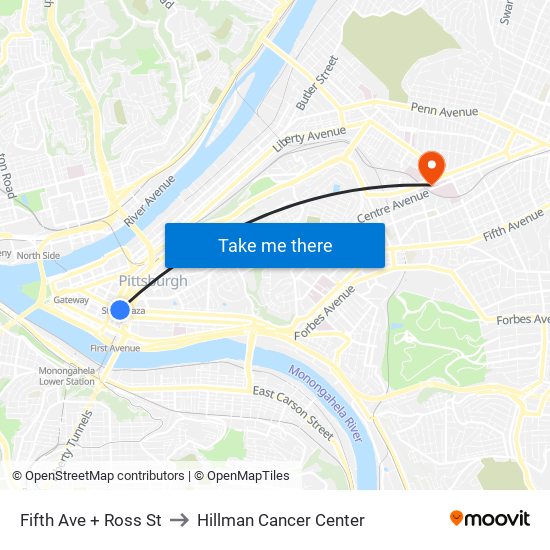Fifth Ave + Ross St to Hillman Cancer Center map
