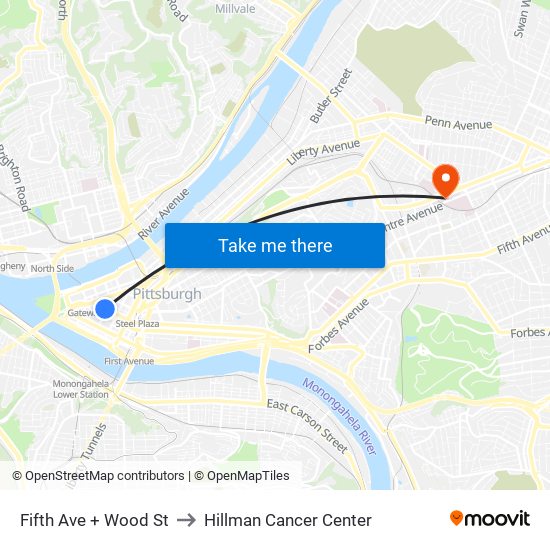 Fifth Ave + Wood St to Hillman Cancer Center map