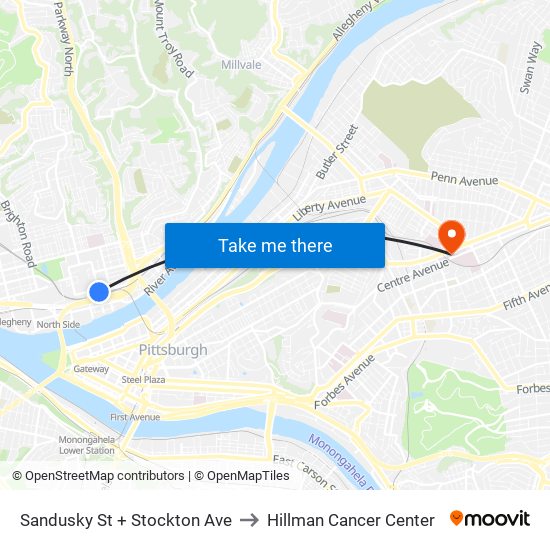 Sandusky St + Stockton Ave to Hillman Cancer Center map