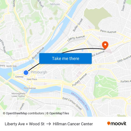 Liberty Ave + Wood St to Hillman Cancer Center map