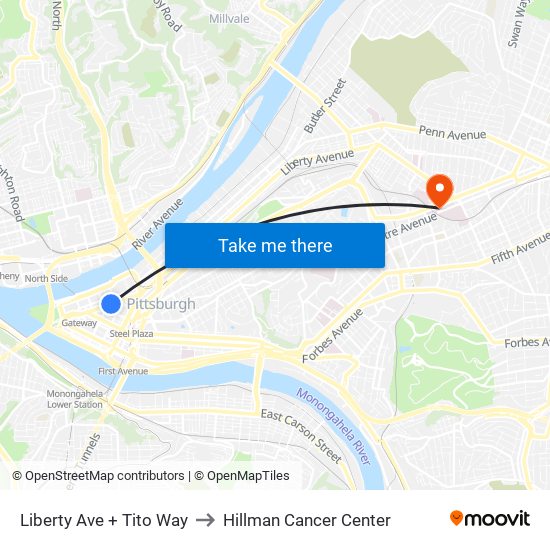 Liberty Ave + Tito Way to Hillman Cancer Center map