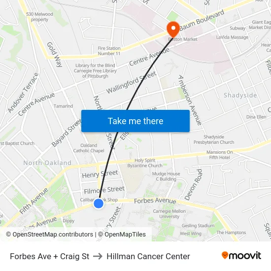 Forbes Ave + Craig St to Hillman Cancer Center map