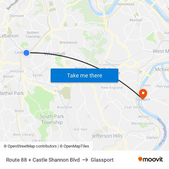 Route 88 + Castle Shannon Blvd to Glassport map