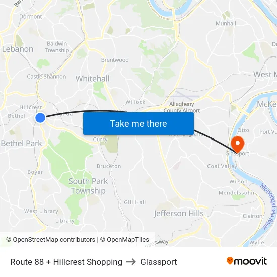 Route 88 + Hillcrest Shopping to Glassport map