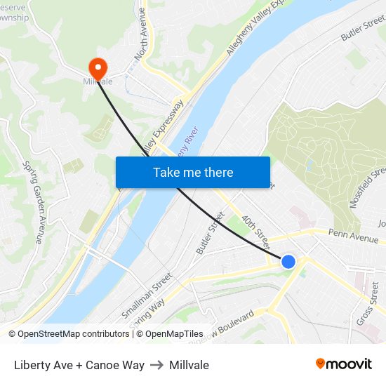 Liberty Ave + Canoe Way to Millvale map