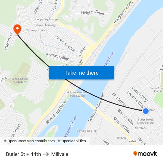 Butler St + 44th to Millvale map