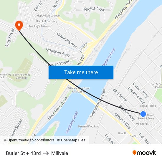 Butler St + 43rd to Millvale map