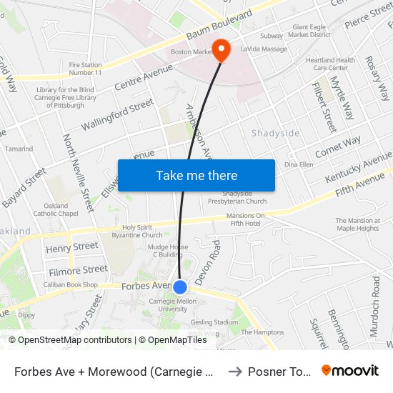 Forbes Ave + Morewood (Carnegie Mellon) to Posner Tower map