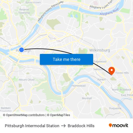 Pittsburgh Intermodal Station to Braddock Hills map