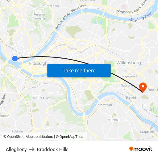 Allegheny to Braddock Hills map