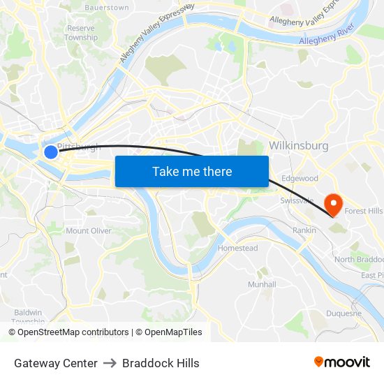 Gateway Center to Braddock Hills map