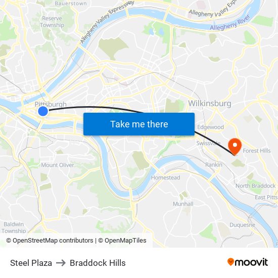 Steel Plaza to Braddock Hills map