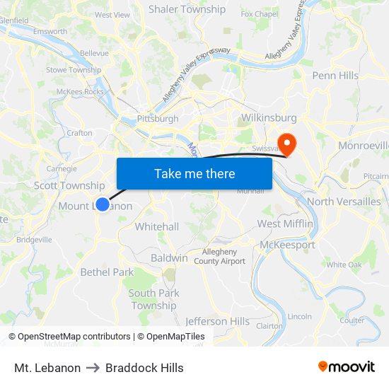 Mt. Lebanon to Braddock Hills map