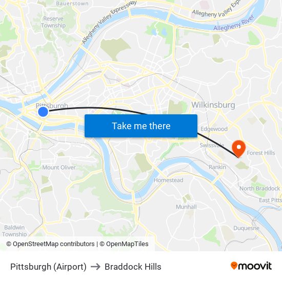 Pittsburgh (Airport) to Braddock Hills map