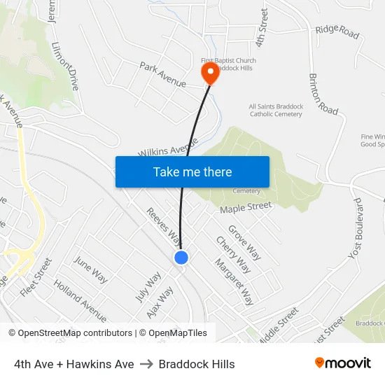 4th Ave + Hawkins Ave to Braddock Hills map