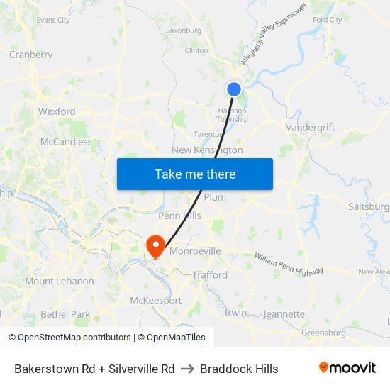 Bakerstown Rd + Silverville Rd to Braddock Hills map