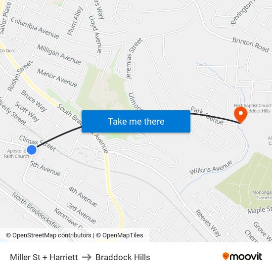 Miller St + Harriett to Braddock Hills map