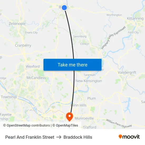 Pearl And Franklin Street to Braddock Hills map