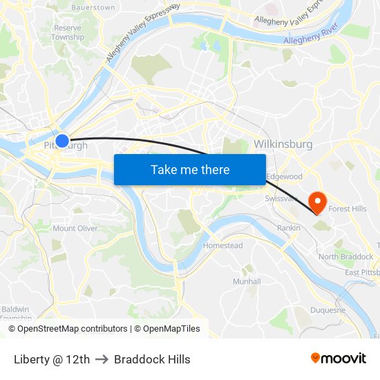 Liberty @ 12th to Braddock Hills map