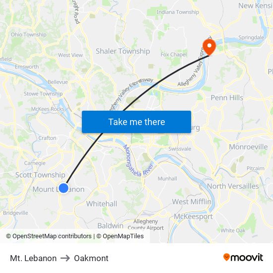 Mt. Lebanon to Oakmont map