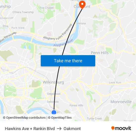 Hawkins Ave + Rankin Blvd to Oakmont map