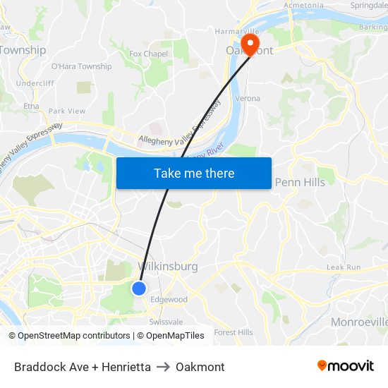 Braddock Ave + Henrietta to Oakmont map