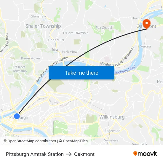 Pittsburgh Amtrak Station to Oakmont map