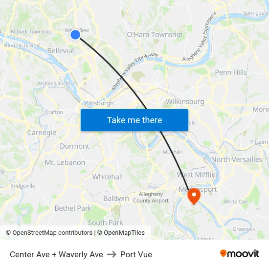 Center Ave + Waverly Ave to Port Vue map