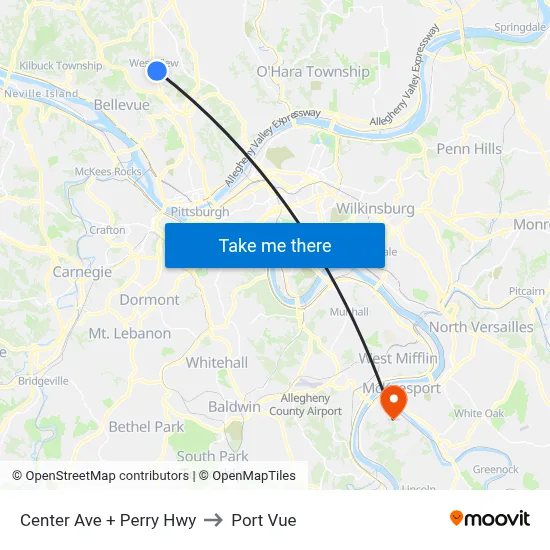 Center Ave + Perry Hwy to Port Vue map