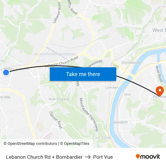 Lebanon Church Rd + Bombardier to Port Vue map