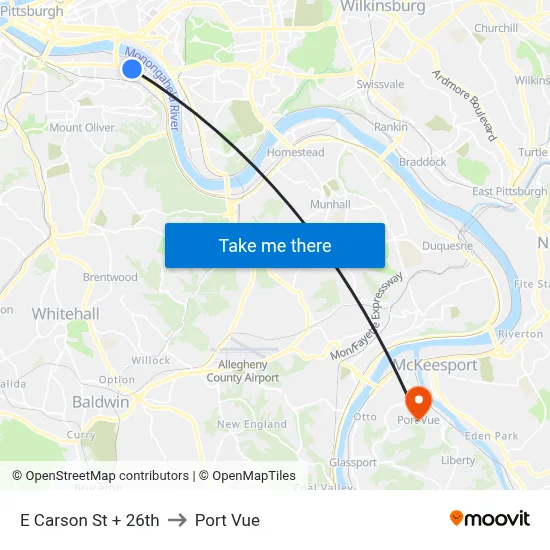 E Carson St + 26th to Port Vue map