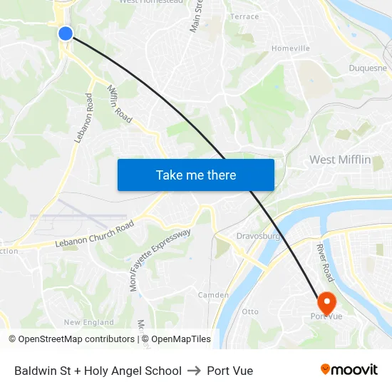 Baldwin St + Holy Angel School to Port Vue map