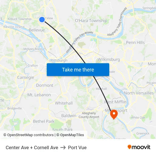 Center Ave + Cornell Ave to Port Vue map