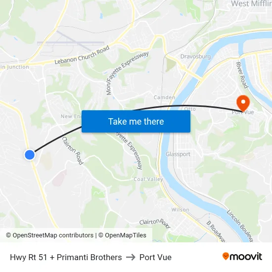 Hwy Rt 51 + Primanti Brothers to Port Vue map