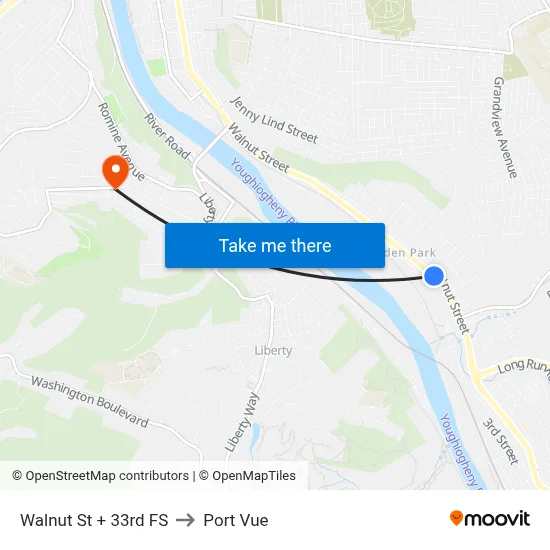 Walnut St + 33rd FS to Port Vue map