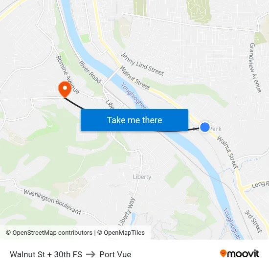 Walnut St + 30th FS to Port Vue map