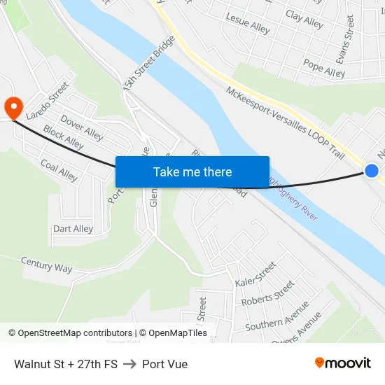Walnut St + 27th FS to Port Vue map